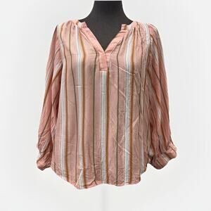 Anthropologie Maeve Peasant Top Women S Red Pink Striped 3/4 Sleeve Puff Sleeves